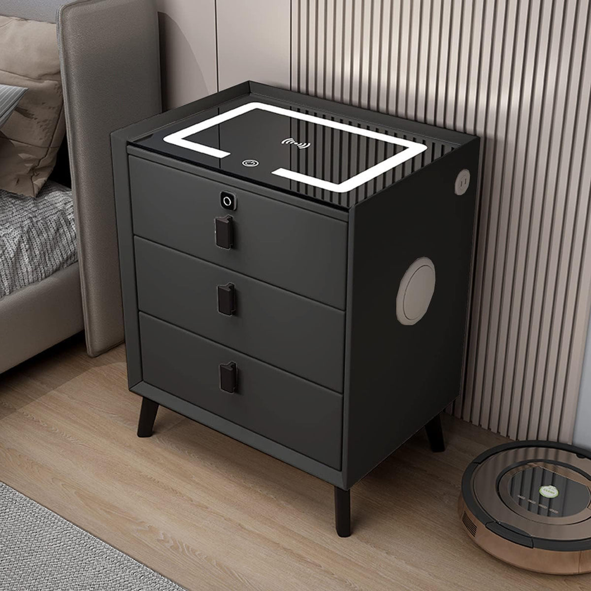 Black 3 Drawer Smart Bedside Table with LED Light and Wireless Charging M13939