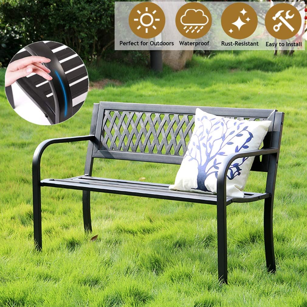 Black Metal Patio Bench with Armrest M311