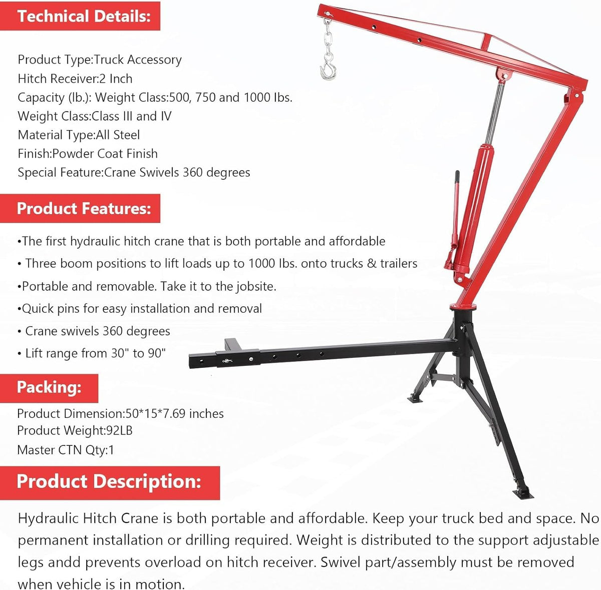 Hydraulic Pickup Truck Crane, 1000 Lbs Capacity, 360° Swivel, Red U635