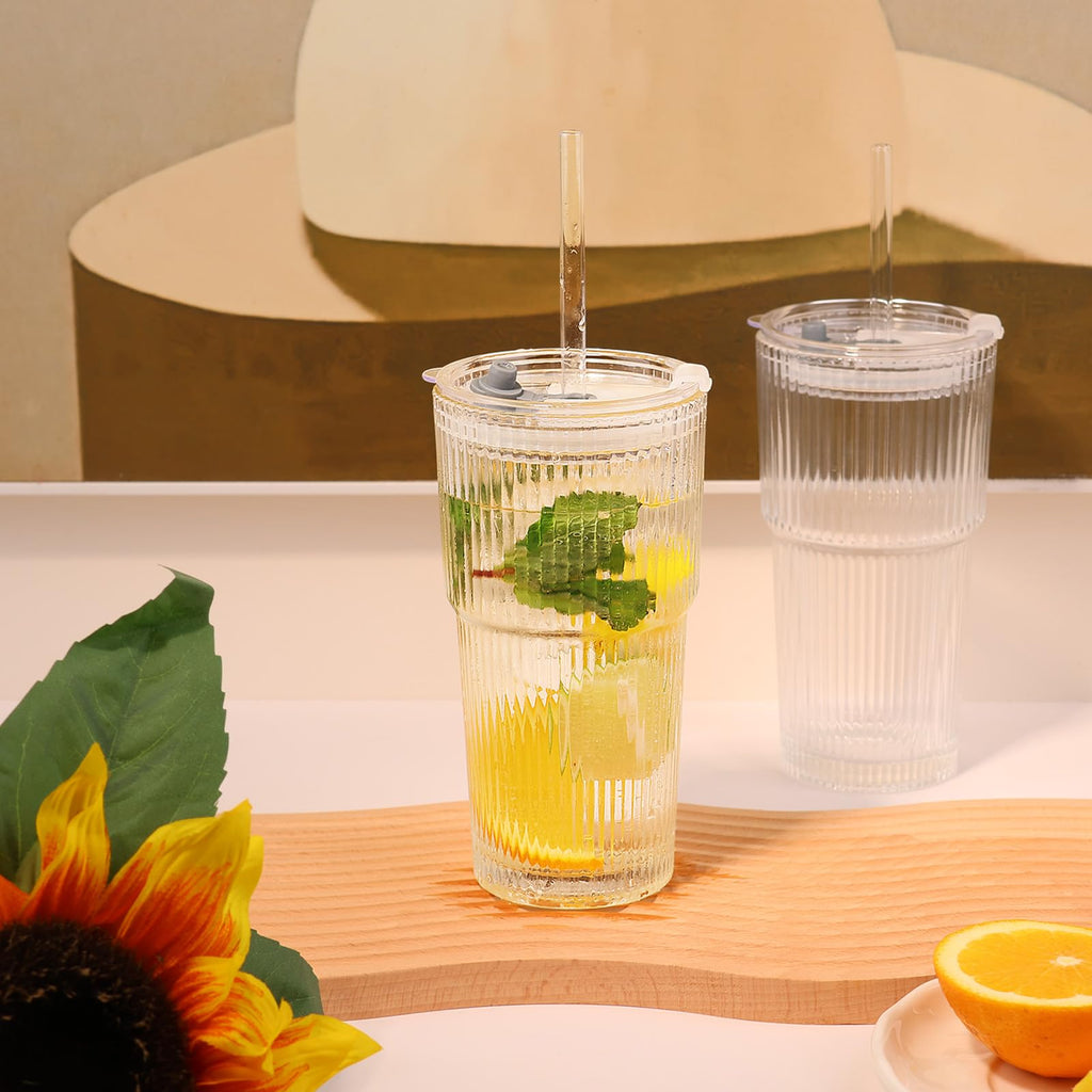 Set of 2 Ribbed Glass Tumbler with Lids and Straws T28063