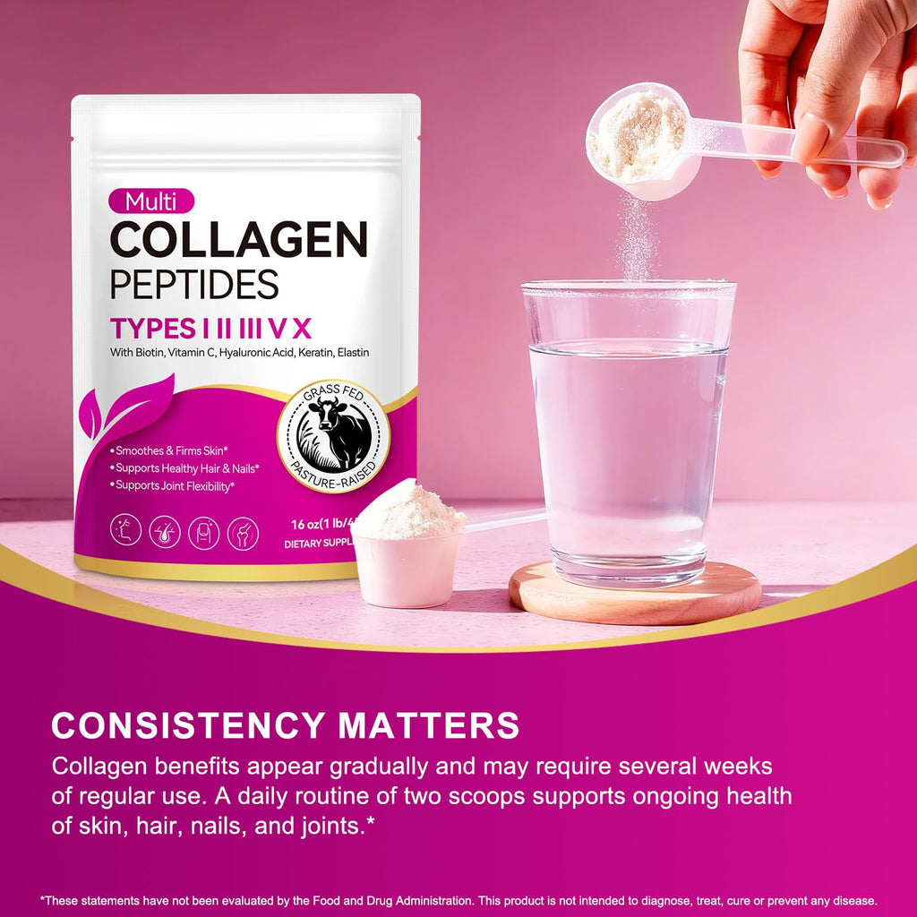 Multi Collagen Peptides Powder Types I II III V X 16 Oz Hydrolyzed with Biotin Unflavored V56465