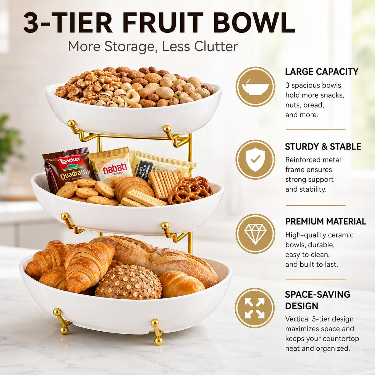 3 Tier Ceramic Fruit Basket with Gold Stand T598