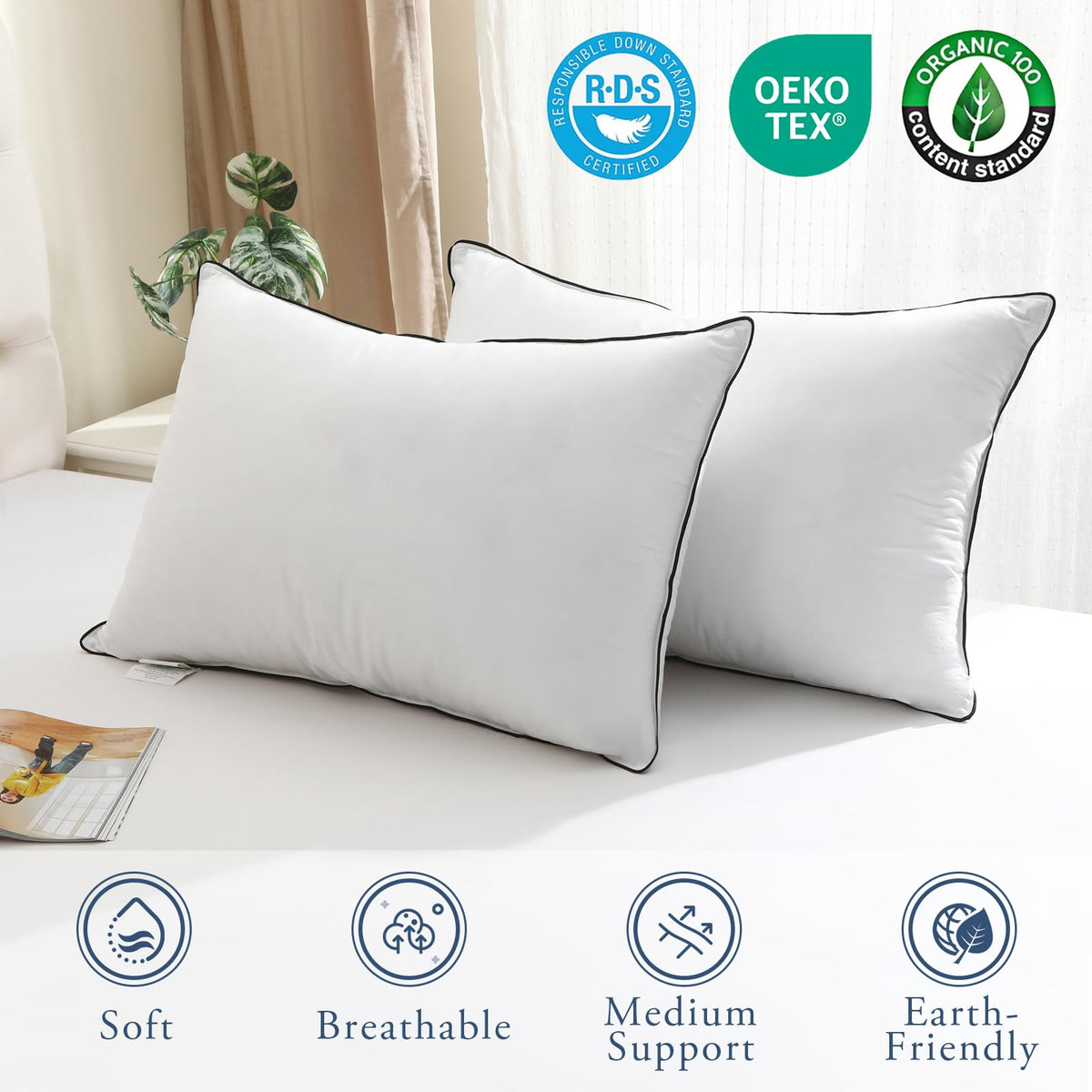 King Size Goose Feather Down Pillows Set of 2 V896805