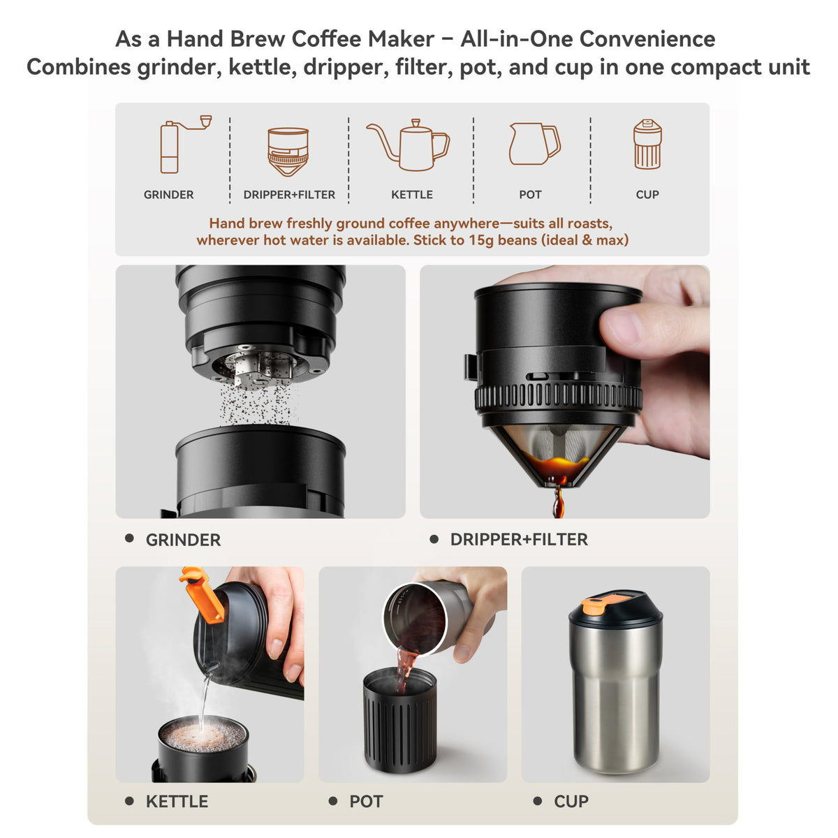 Portable Pour Over Coffee Maker with Stainless Steel Conical Burr M27121