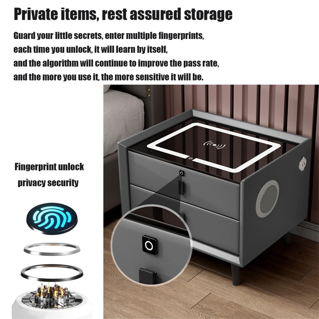 Gray Nightstand with Lock Drawer, Wireless Charging, USB Port and LED Lights O50599