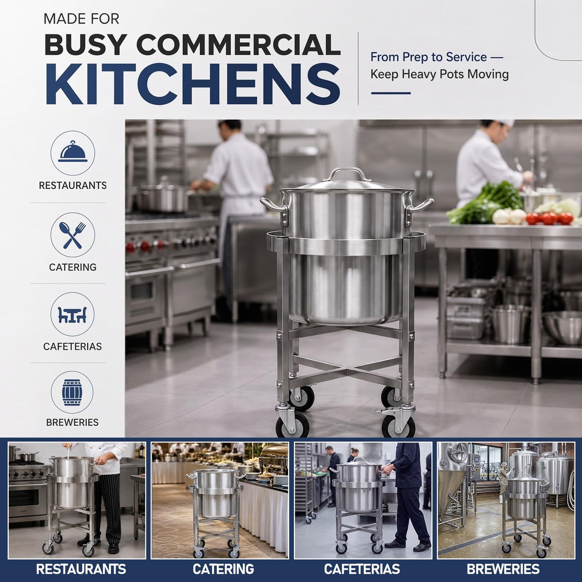 23.8 Inch Stainless Steel Stock Pot Dolly with Locking Casters F152