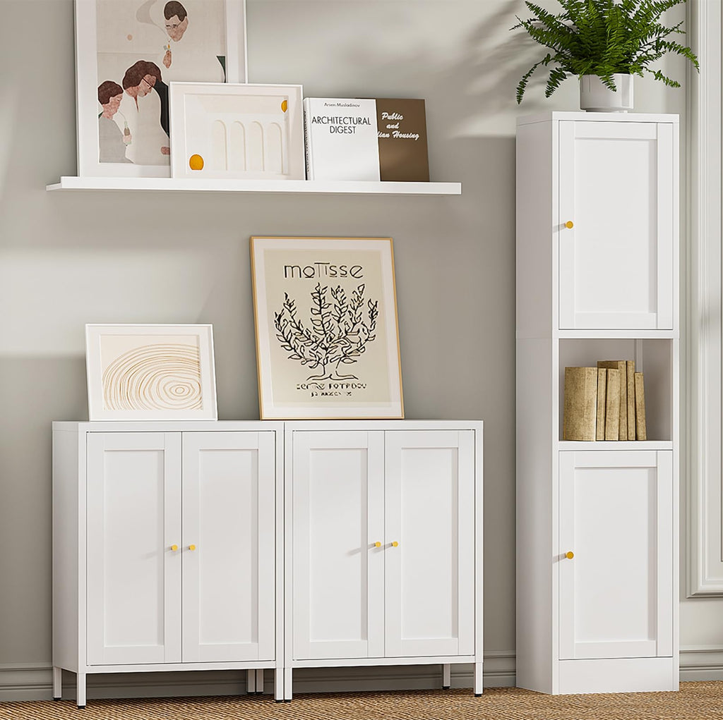White Metal Bathroom Floor Storage Cabinet with 2 Doors B882991
