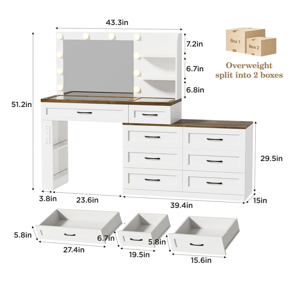 Antique White 6-Drawer Vanity Desk V3789