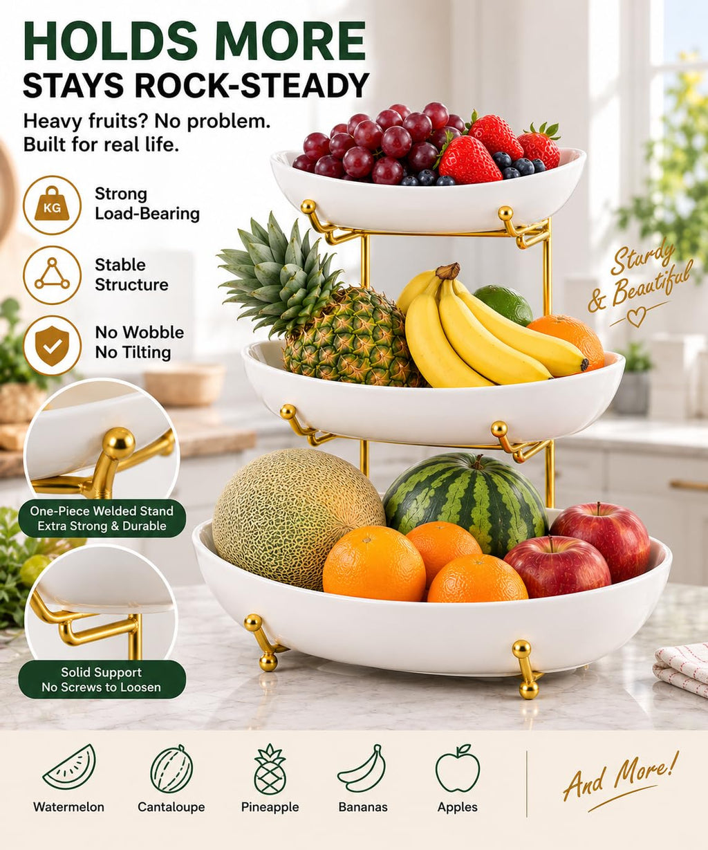 3 Tier Ceramic Fruit Basket with Gold Stand T598