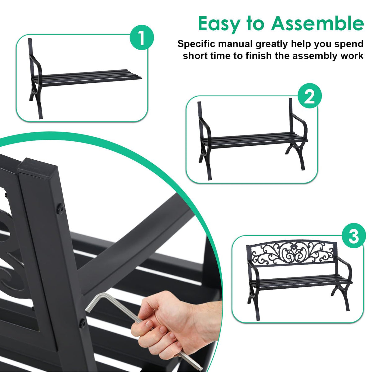 50" Outdoor Garden Bench Black 485lbs Load Capacity A1868