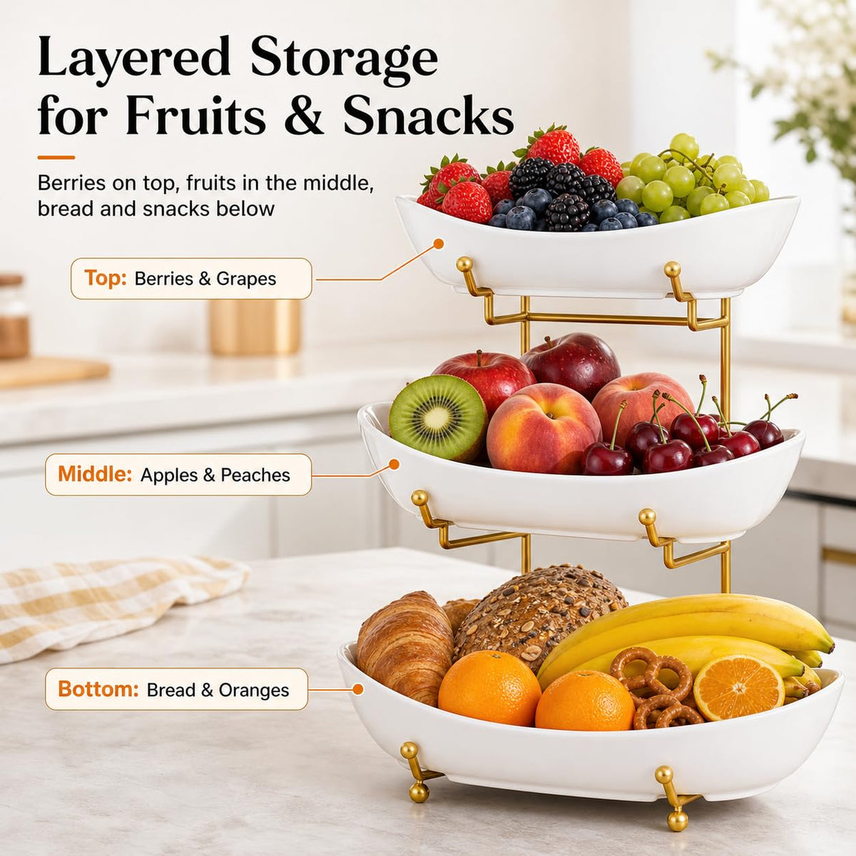 3 Tier Ceramic Fruit Basket with Gold Stand T598