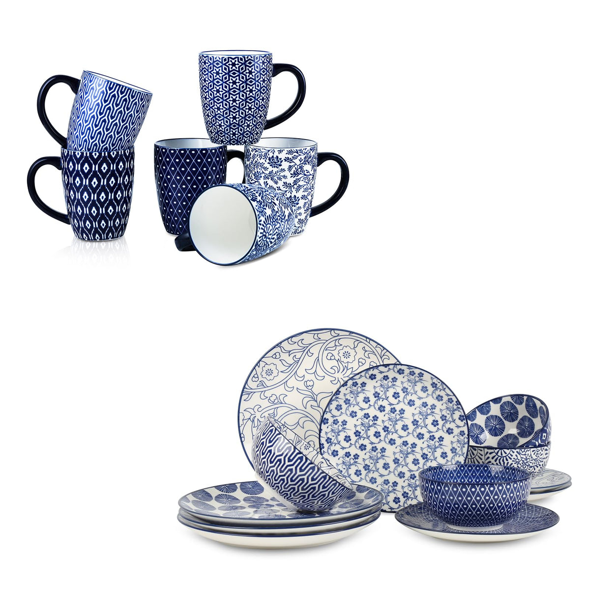 Ceramic Coffee Mugs Set 16 oz + Dinnerware Sets 12-Pieces R8554