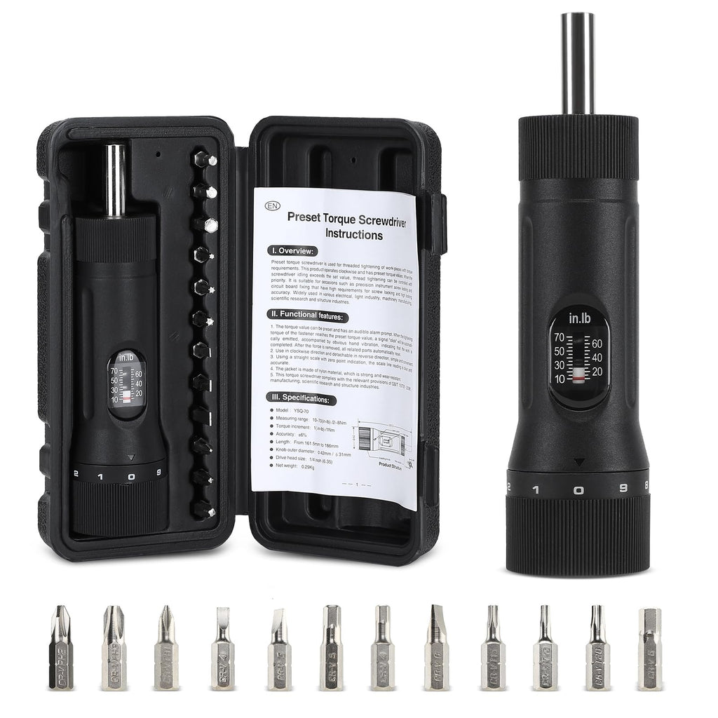 Torque Screwdriver with 12 Pieces Interchangeable Bits 1/4" Drive Black U998