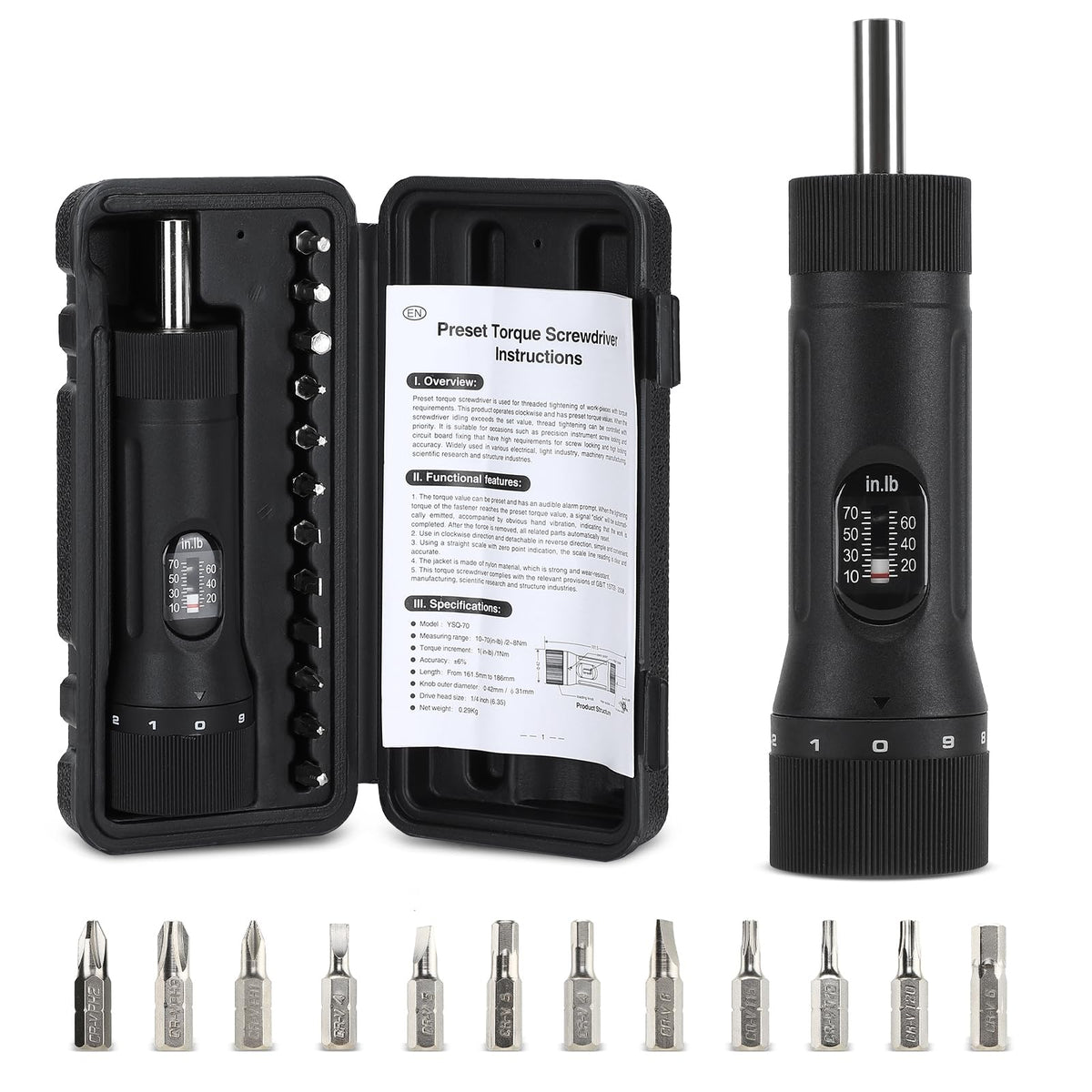 Torque Screwdriver with 12 Pieces Interchangeable Bits 1/4" Drive Black U998
