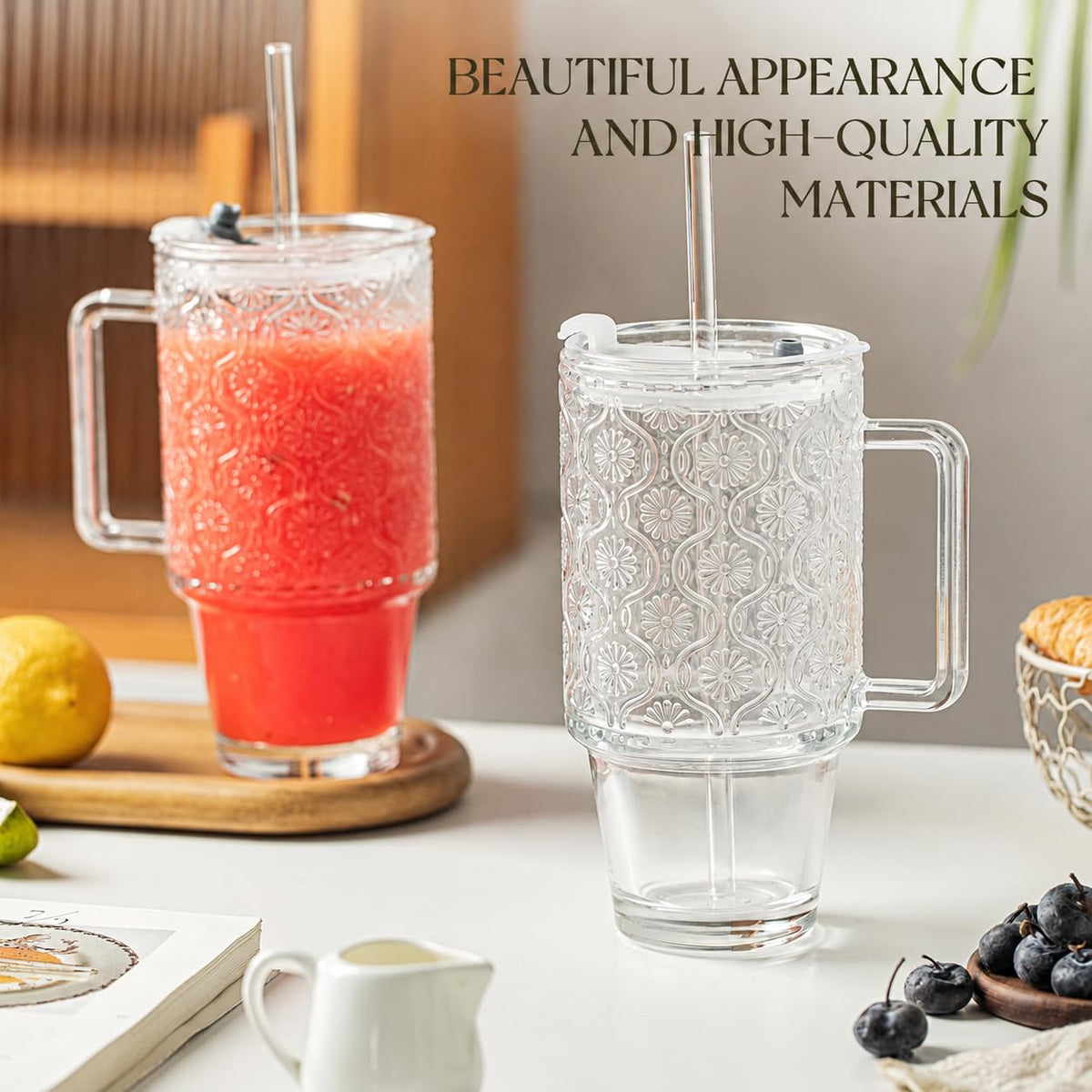 24 Oz Ribbed Glass Tumblers with Lids and Straws W678