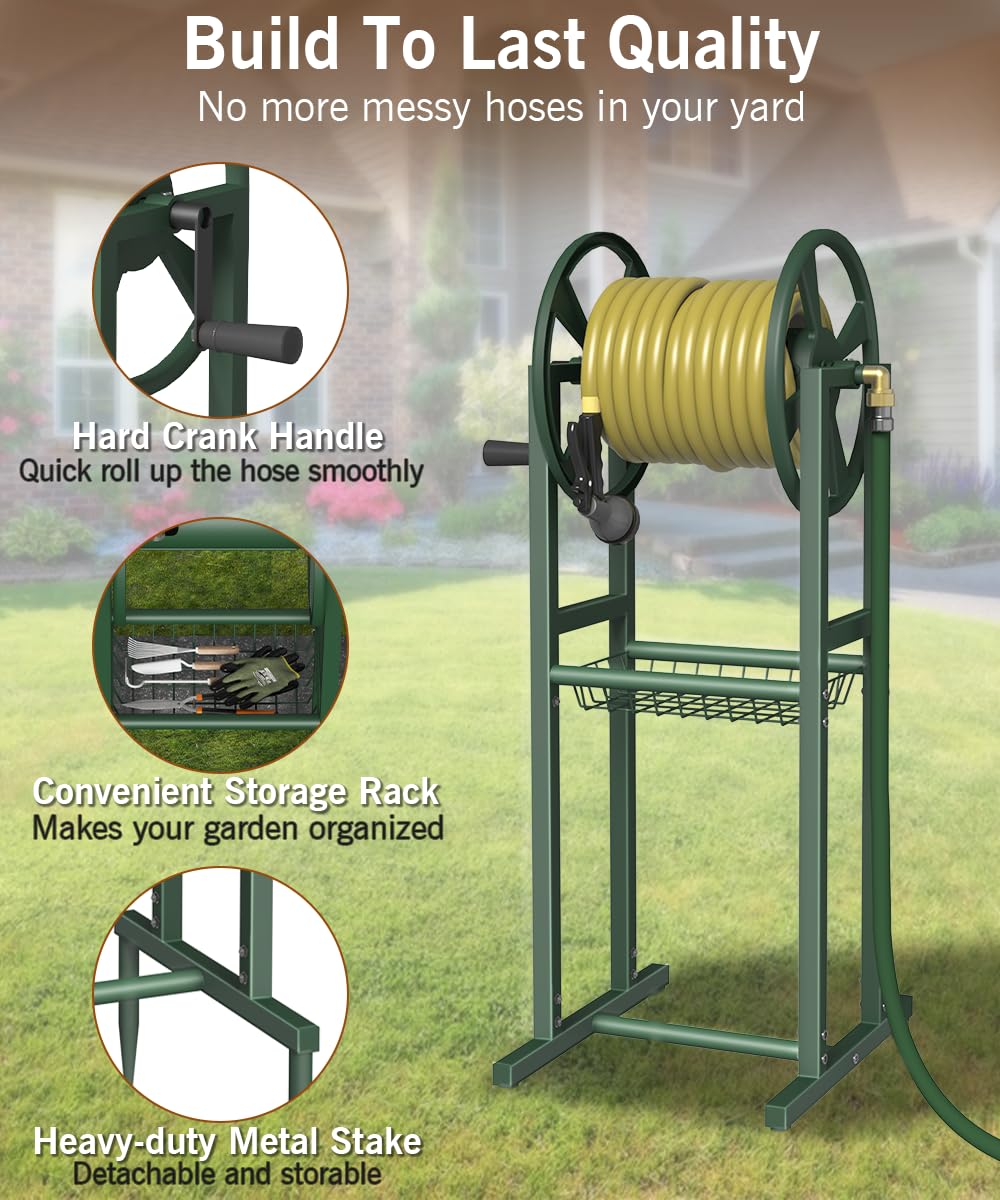Ground Mount Garden Hose Reel Holds 125 Feet with Storage Rack E411