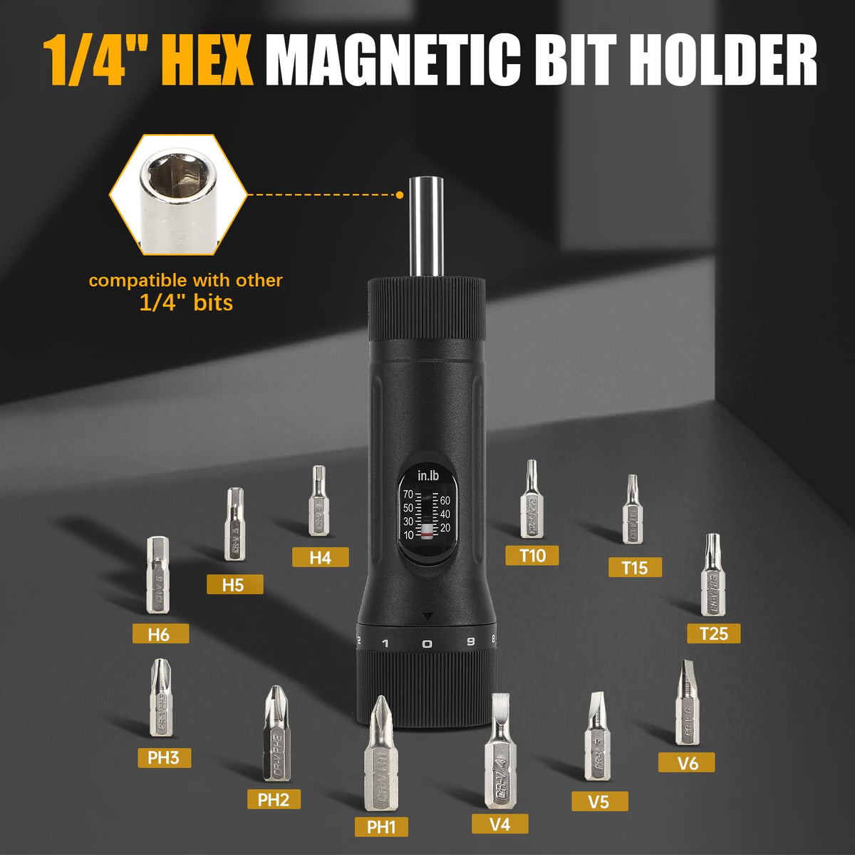 Torque Screwdriver with 12 Pieces Interchangeable Bits 1/4" Drive Black U998
