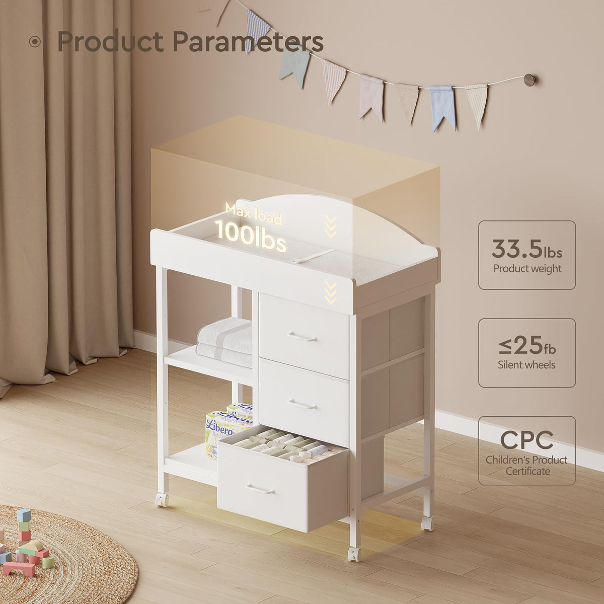 White 3 Drawer 2 Shelf Changing Table D384
