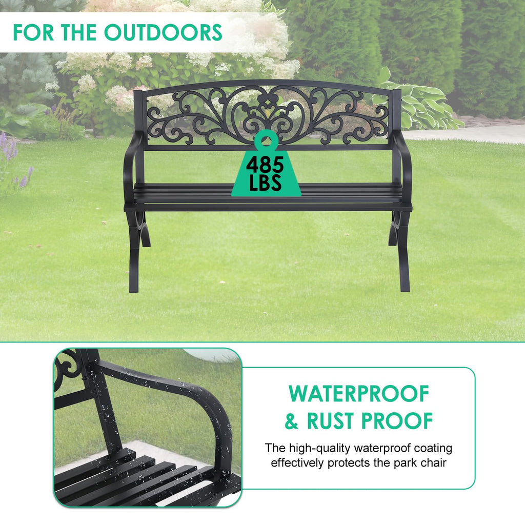 50" Outdoor Garden Bench Black 485lbs Load Capacity A1868