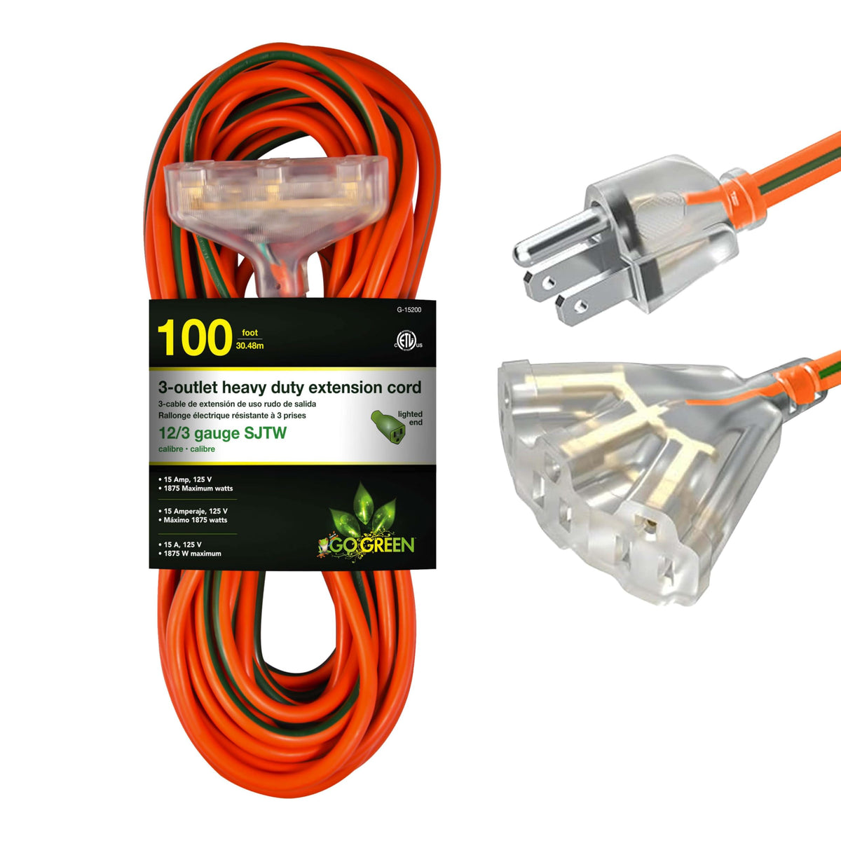 100ft Heavy Duty 3-Outlet Extension Cord J91332