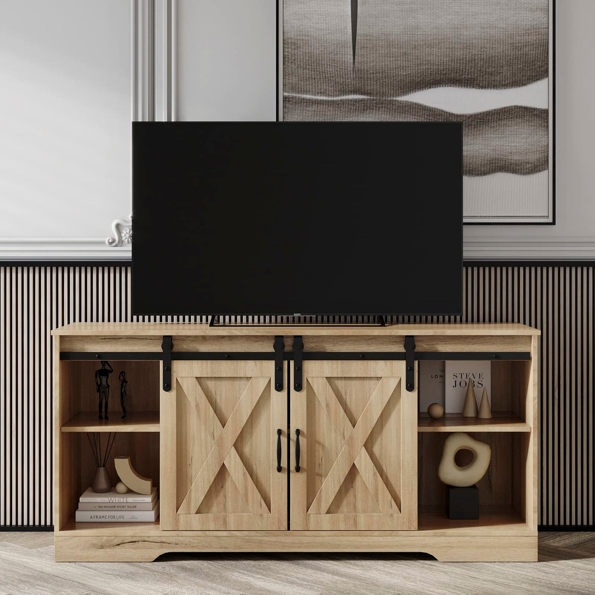 Farmhouse Wood TV Stand with Sliding Barn Door and Storage Cabinet O9028