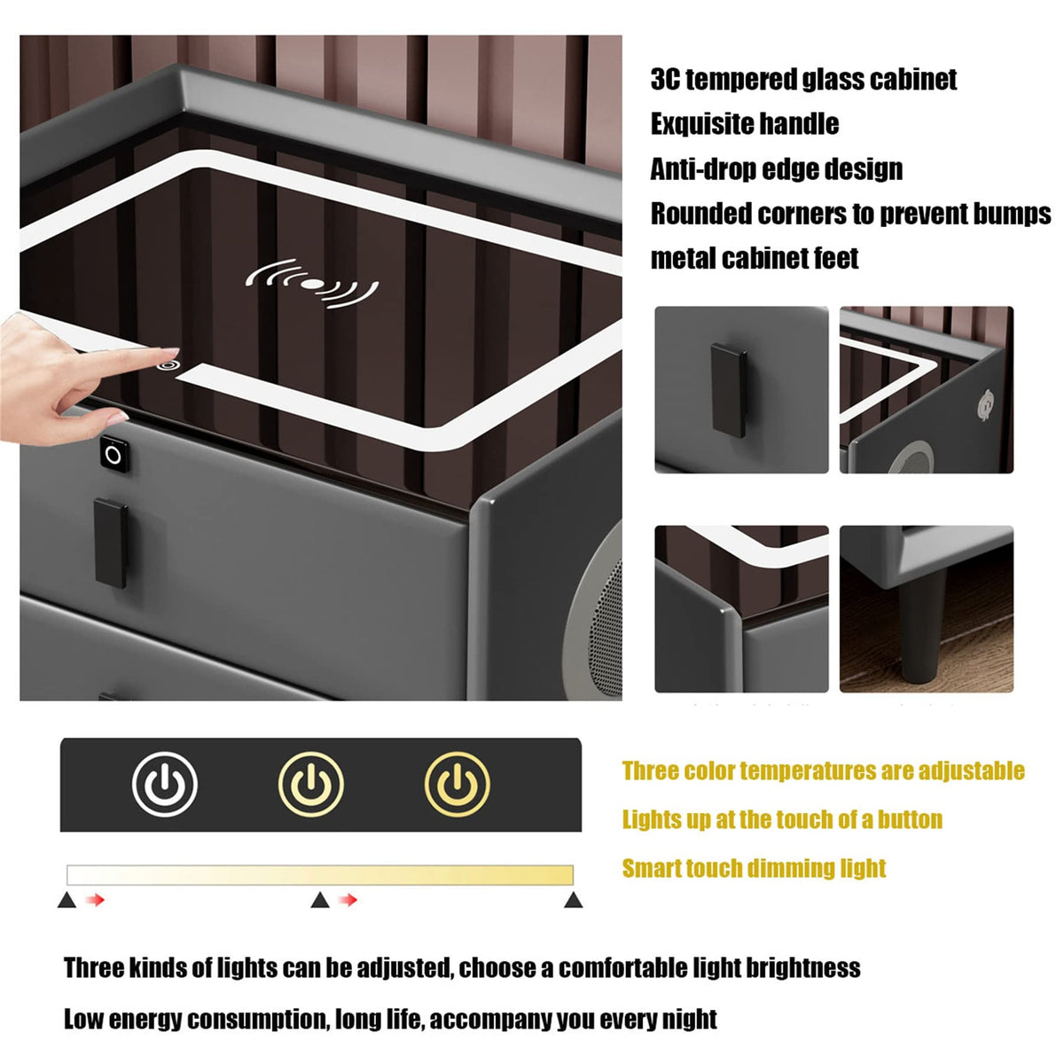 Gray Nightstand with Lock Drawer, Wireless Charging, USB Port and LED Lights O50599