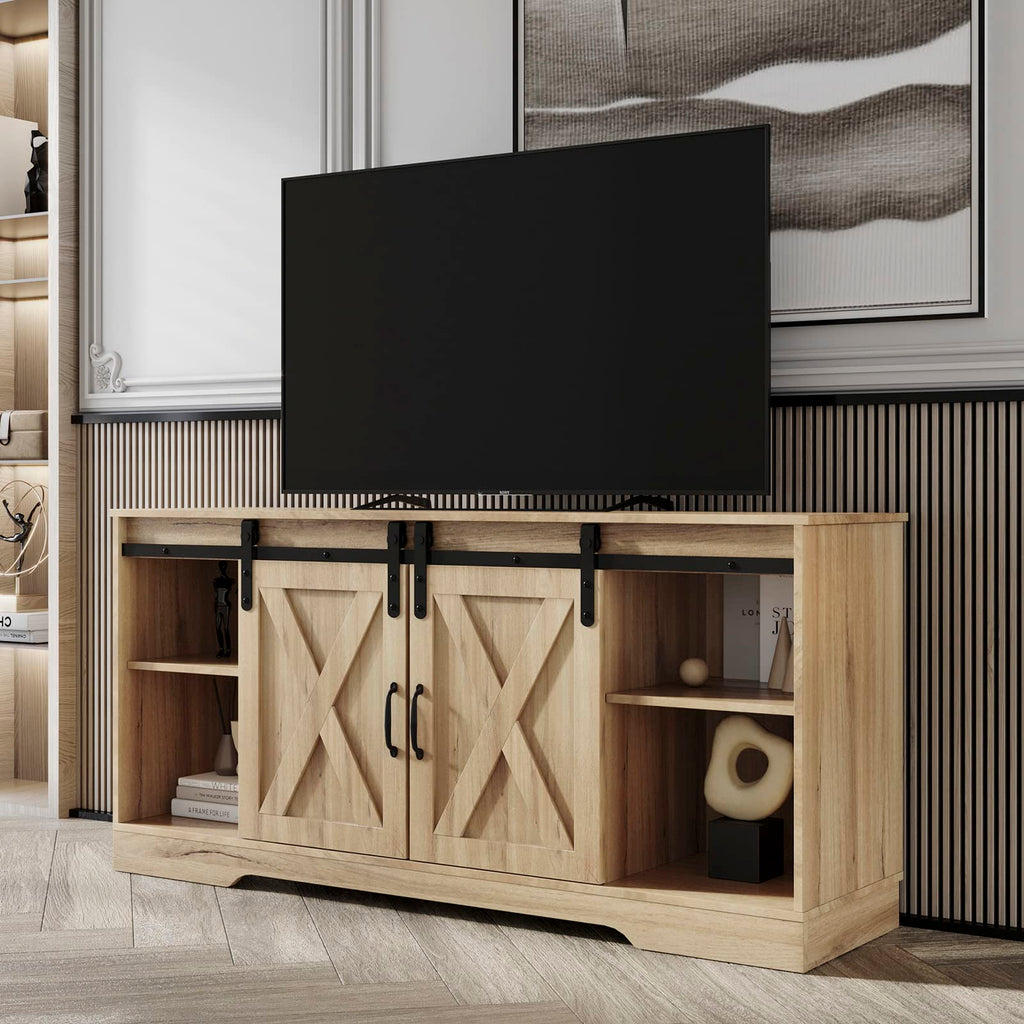Farmhouse Wood TV Stand with Sliding Barn Door and Storage Cabinet O9028