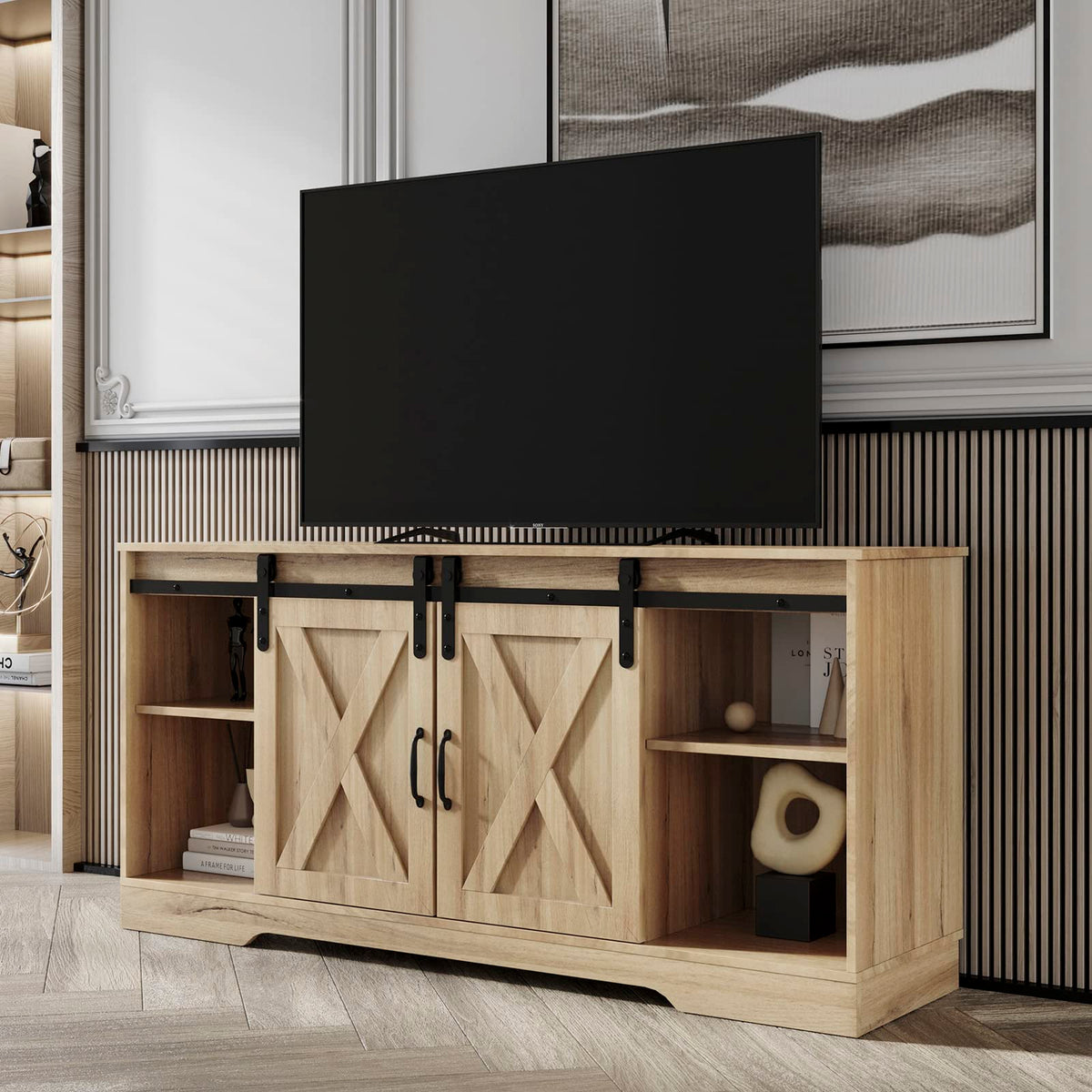 Farmhouse Wood TV Stand with Sliding Barn Door and Storage Cabinet O9028