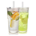 Set of 2 Ribbed Glass Tumbler with Lids and Straws T28063