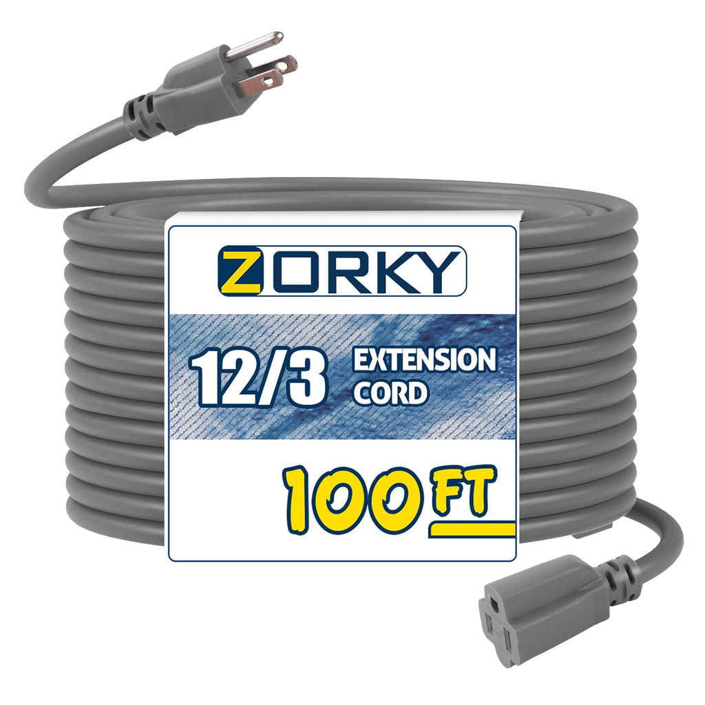 100ft Indoor Outdoor Extension Cord 12/3 SJTW Heavy Duty 15Amp 1875W Gray C7056