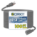 100ft Indoor Outdoor Extension Cord 12/3 SJTW Heavy Duty 15Amp 1875W Gray C7056