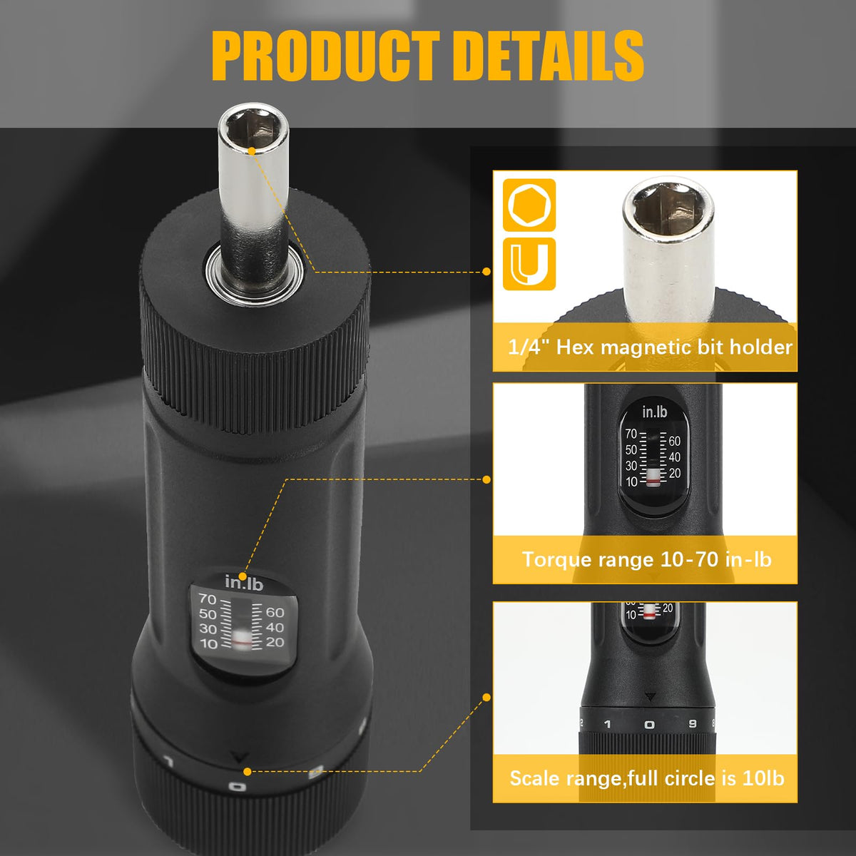 Torque Screwdriver with 12 Pieces Interchangeable Bits 1/4" Drive Black U998
