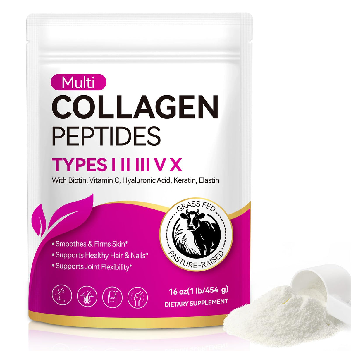 Multi Collagen Peptides Powder Types I II III V X 16 Oz Hydrolyzed with Biotin Unflavored V56465