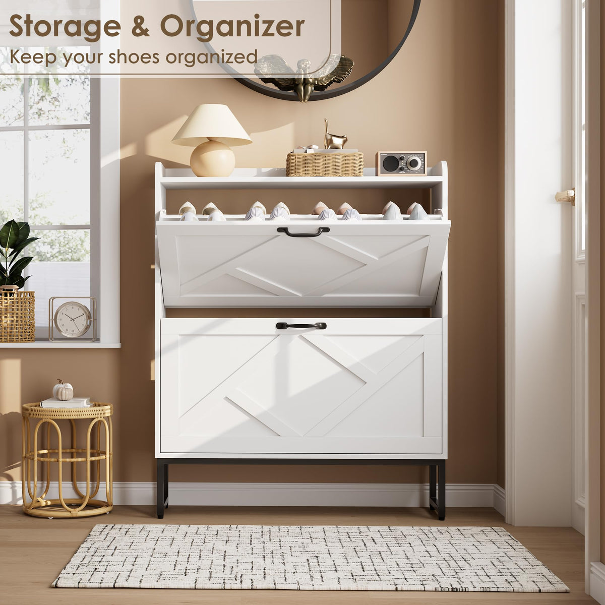 White 2 Flip Drawer Shoe Storage Cabinet K24599