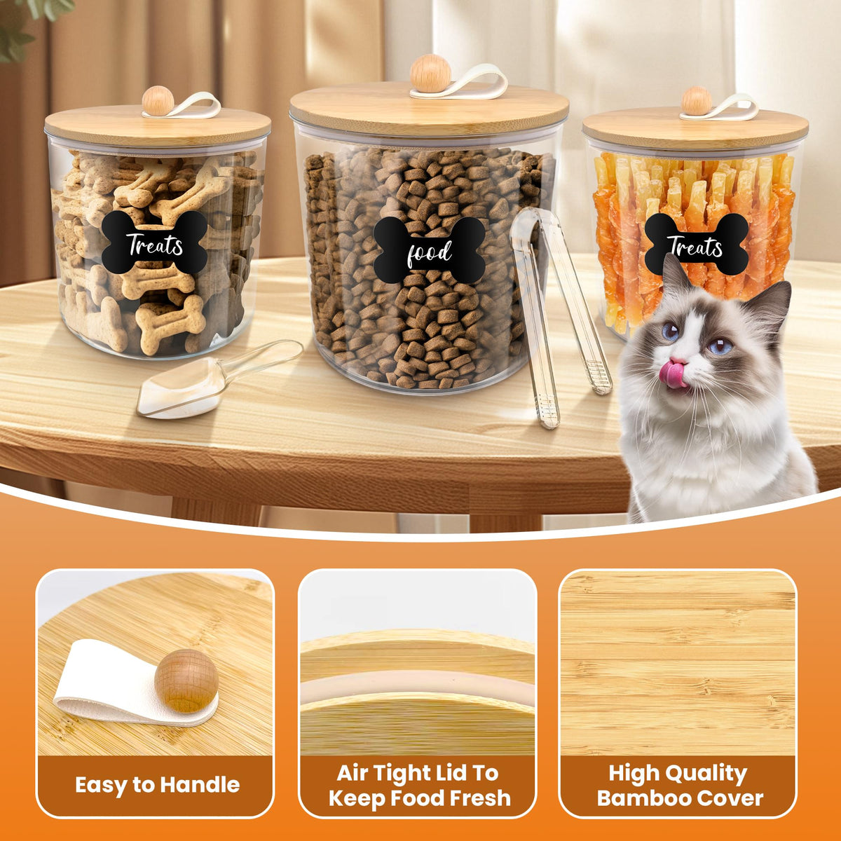 3 Pack Airtight Dog Food Storage Container with Bamboo Lids B4751