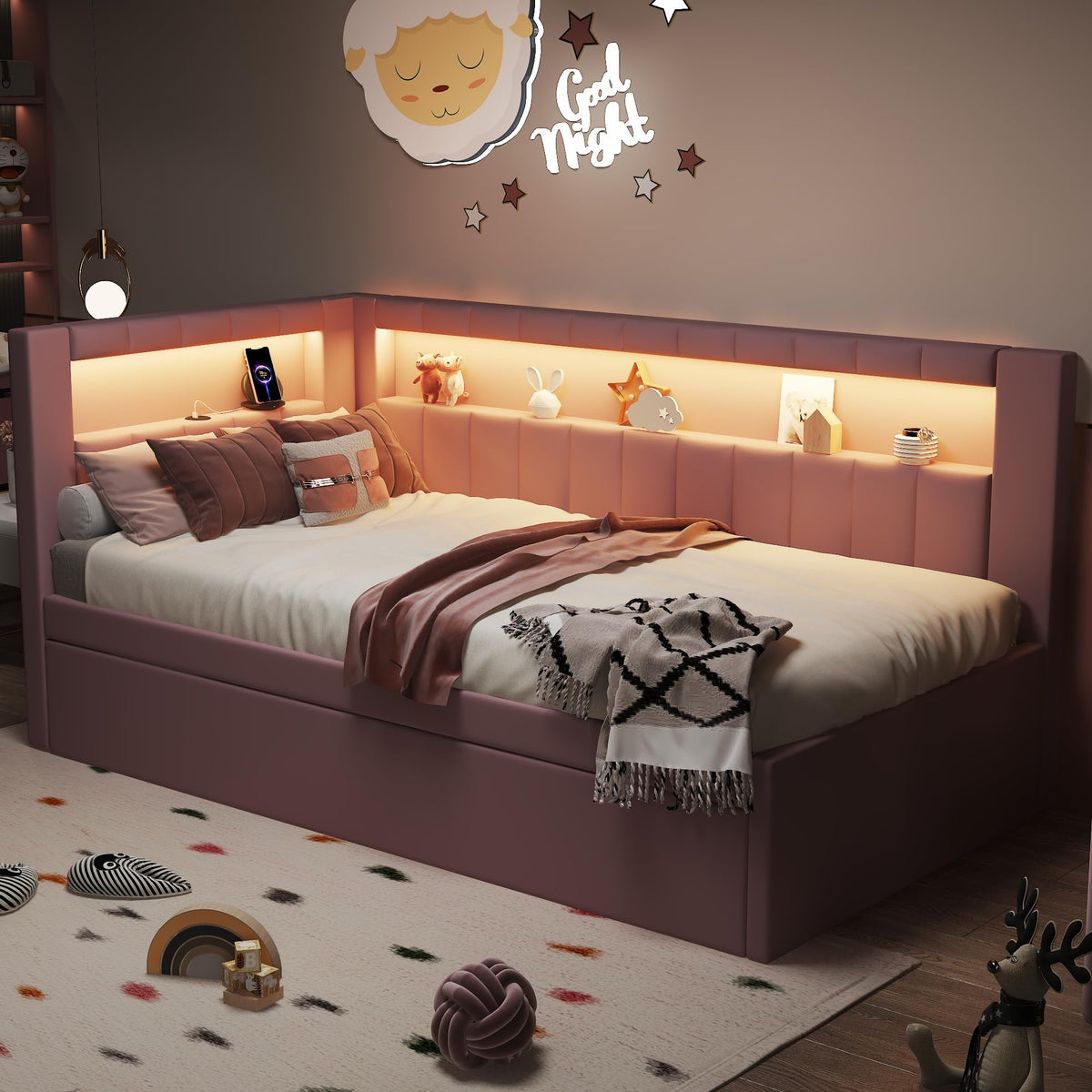 Twin Size Upholstered Linen Daybed with Trundle and Storage Headboard O894727
