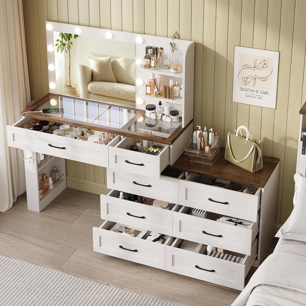 Antique White 6-Drawer Vanity Desk V3789