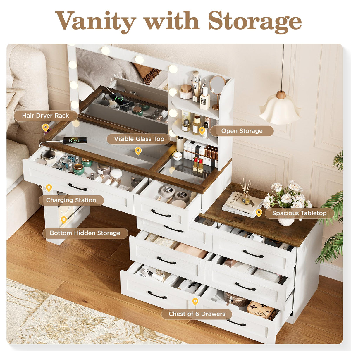 Antique White 6-Drawer Vanity Desk V3789