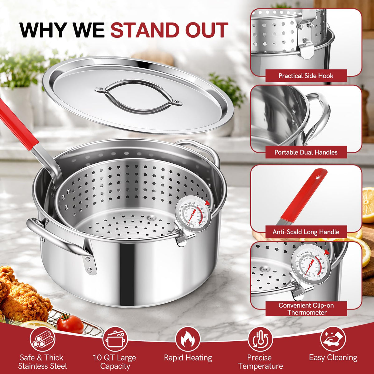 10 QT Stainless Steel Deep Fryer Pot with Basket O7482