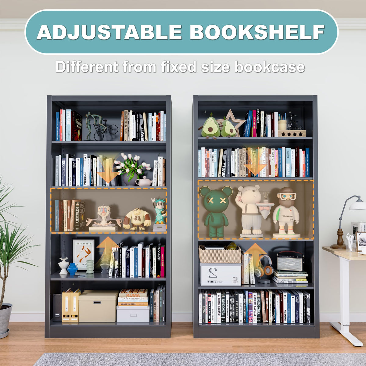 5 Tier Black Metal Bookcase with Adjustable Shelves L570