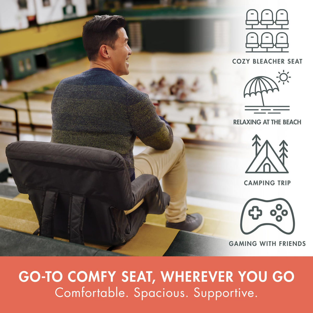Portable Reclining Folding Stadium Seat with Back Support, Black H615