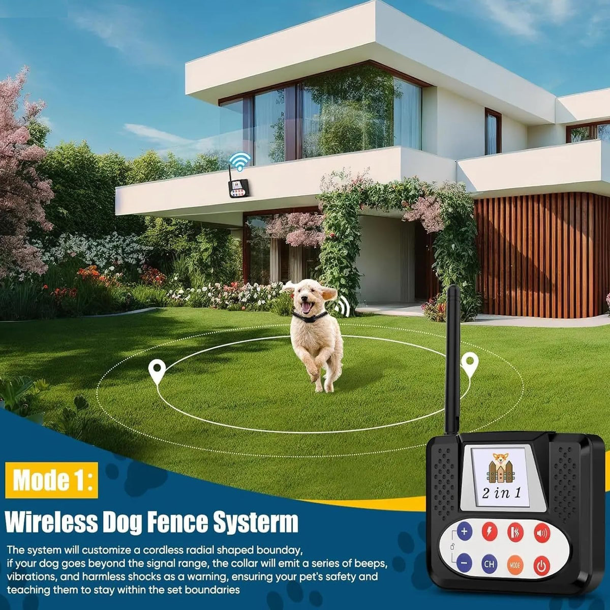 Wireless Electric Dog Fence & Remote Training Shock Collar, Waterproof, Up to 8 Acre J839822