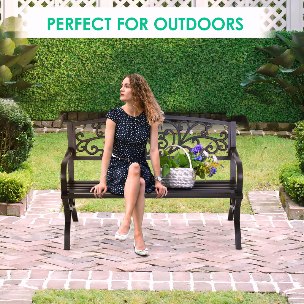 50" Outdoor Garden Bench Black 485lbs Load Capacity A1868