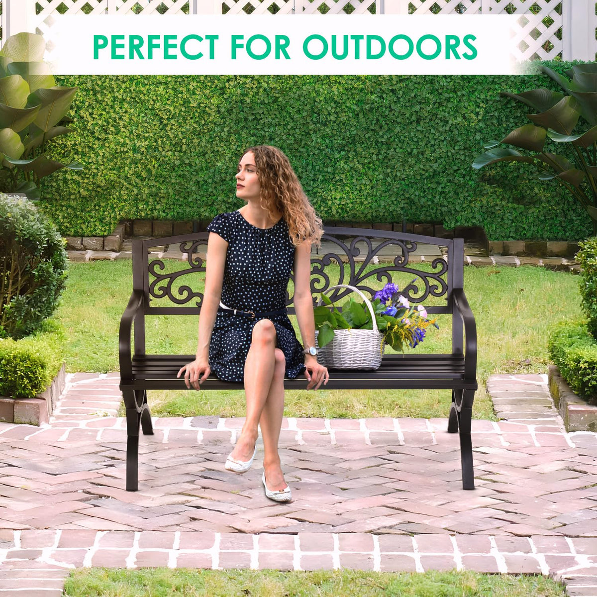 50" Outdoor Garden Bench Black 485lbs Load Capacity A1868