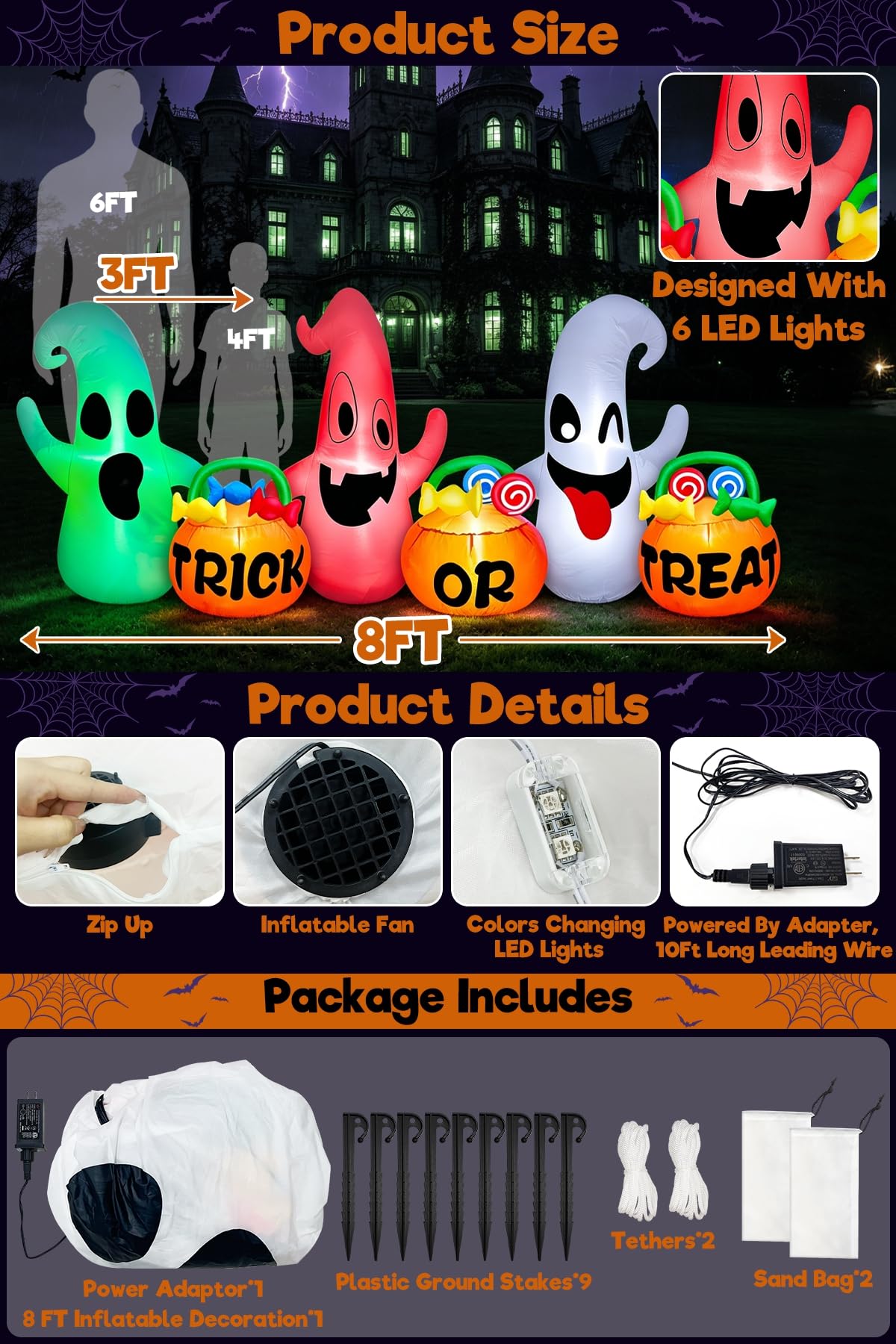 8 Ft Halloween Inflatable Ghosts Decoration C5965