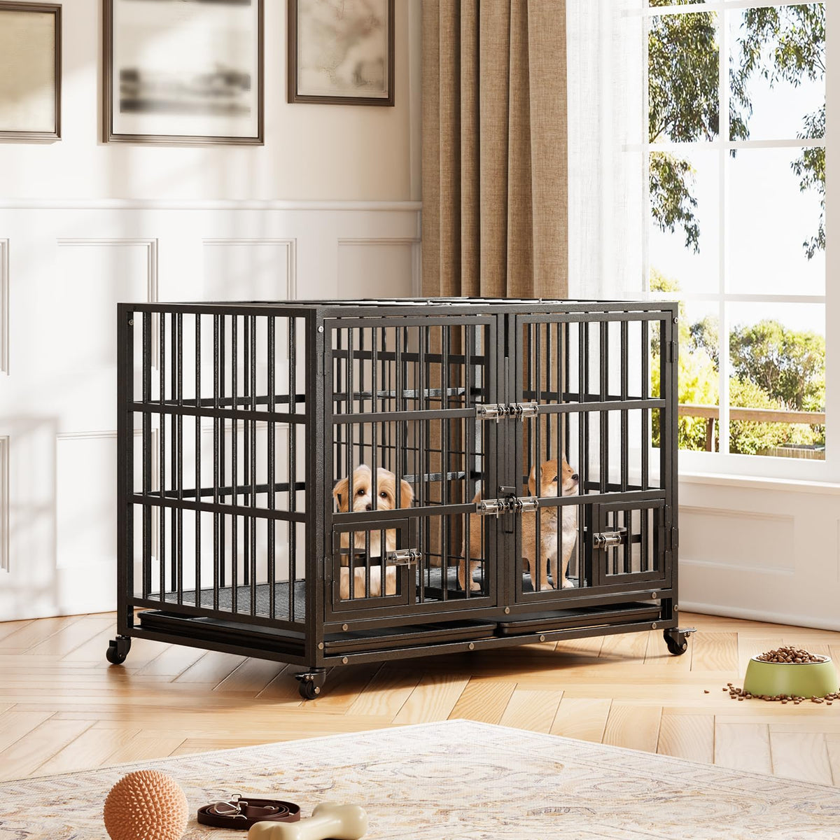 42 inch Heavy Duty Metal Dog Crate with Removable Tray and Wheels O1547
