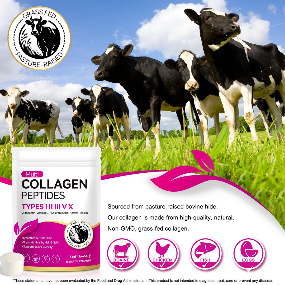 Multi Collagen Peptides Powder Types I II III V X 16 Oz Hydrolyzed with Biotin Unflavored V56465