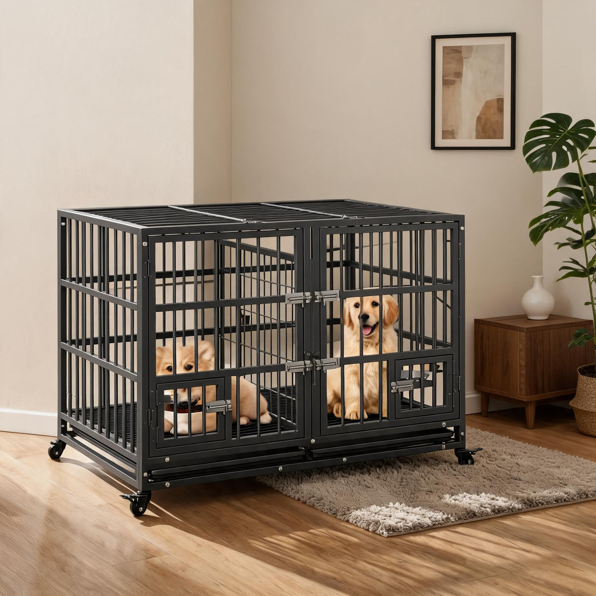 42 inch Heavy Duty Metal Dog Crate with Removable Tray and Wheels O1547