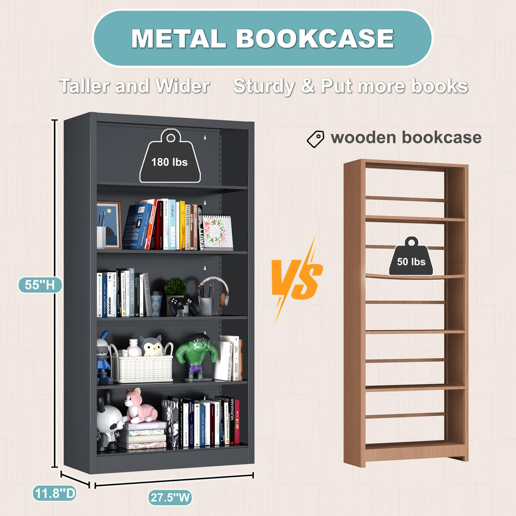 5 Tier Black Metal Bookcase with Adjustable Shelves L570