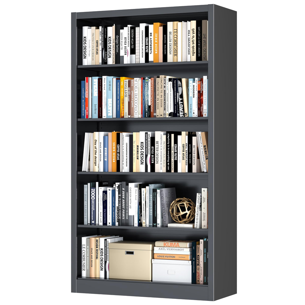 5 Tier Black Metal Bookcase with Adjustable Shelves L570
